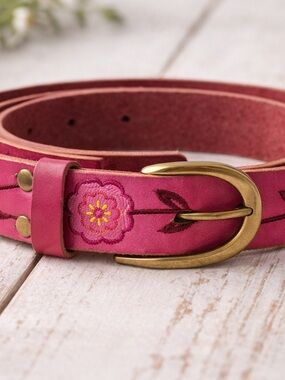Linea Pelle Hot Pink Floral Embroidered Leather Belt with Brass-Tone Buckle